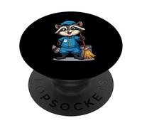Cartoon Raccoon with Mop and Bucket - Cleaning Character PopSockets Adhesive PopGrip