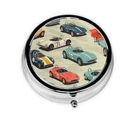 Cartoon Race Car Pattern Round Pill Box with 3 Compartments, Mini Metal Pill Organizer for Purse or Pocket, Lightweight Portable for Daily Use Gifts Travel