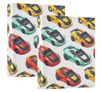 Cartoon Race Cars 1 and A Half Inch Binders 3 Ring, D Ring Binders with 3 Interior Pockets Round Ring Binder for Work School Office, 2 Pack