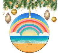 Cartoon Rainbow Beach Ceramic Christmas Ornaments 3 Inch Vintage Hanging Baubles with Gold String for Xmas Tree Decorations Holiday Party Yard Garden Home Decor Festive Keepsake Gift Exchange