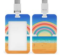 Cartoon Rainbow Beach Id Badge Holder with Lanyard, Clear Vertical Card Protector Waterproof, Breakaway Safety Neck Strap, Heavy Duty Name Tag Holder for Nurse Teacher Officer Staff Women Men