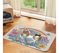 Cartoon Rainbow Unicorn Pet Food Mat 23.62x15.71in Absorbent Non-Slip PU Leather Feeding Mat for Dogs Cats Rubber Bottom Fast Drying Rollable Pet Bowl Placemat