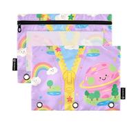 Cartoon Rainbow World Inside The Zipper Home Management Binder with Clear Window Zipper Pencil case Big Capacity 3 Ringing Binder for Classroom School Office Supplies Multicolored 2 PCS