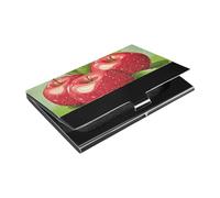 Cartoon Red Apples Green Slim business card holder With Leather & Stainless Steel cards holder for Women or Men
