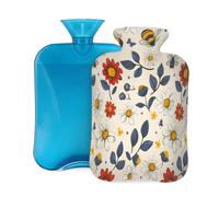 Cartoon Red White Daisy Flowers Bee Hot Water Bottle with Cover, 2L Large Capacity Hot Water Bag for Hot Cold Compress, Hand Feet Warmer, Neck Shoulder Pain Relief