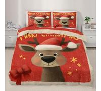 Cartoon Reindeer Duvet Cover Queen 230x220 cm Quilt Covers with 2 Pillowcases, Red Christmas Hat With Reindeer Print Bedding Set, Children's Duvet Cover with Zipper Ties