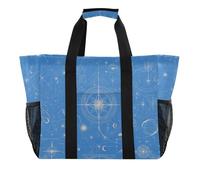 Cartoon Religion Moon Star Blue Utility Totes Foldable With Pockets with Handles Beach Bag, cartoon Religion moon star blue, One Size, Fashion