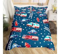 Cartoon Rescue Cars Duvet Cover Set Double Size,Police Car Firefighter Truck Ambulance Bedding Set,Boys Girls Room Decor,Traffic Vehicles Navy Blue Quilt Cover,2 Pillowcases(No Filler)