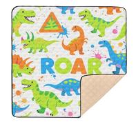 Cartoon Roaring Dino Fluorescent Blue Green White Cute Foldable Baby Playmat for Floor Waterproof Kicking Mat for Babies Infants Toddlers, 50'' x 50''