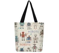 Cartoon Robot Canvas Tote Bag,Modern Sci-Fi Robot Large Capacity Shopping Gym Bag,Shoulder Handbags, Beige Blue Red, 50x40