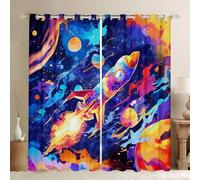 Cartoon Rocket Boys Window Curtains 2 Panels 66Wx90L Colorful Outerspace Planets Decor Window Drapes for Kids Girls Teens Watercolor Galaxy Graffiti Dreamy Curtains for Living Room