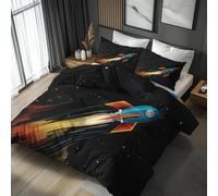 Cartoon Rocket Double Duvet Cover - Kids Universe Space Bedding & Bedroom Decor, Super Soft Microfiber Quilt Cover and 2 Pillowcases, with Zip, Reversible Design (J12&b)