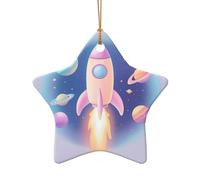 Cartoon Rocket Planet Ceramic Christmas Tree Ornament, Double-Sided Printed Star Shape Porcelain Hanging Decoration, Elegant Holiday Keepsake for Xmas Tree Home Office Gift Exchange