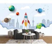 Cartoon Rocket Planet City Architecture 3D Wallpaper Easy Install Feature Office Living Room Sofa Bedroom TV Background Wall Decoration-430cm×300cm
