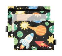 Cartoon Rockets and Planets Black Home Management Binder with Clear Window Fabric Pencil case in Assorted Colors Binders 3 Ringing for Storing School Office Supplies Multicolored 2 PCS