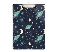 Cartoon Rockets Moons Teal Clipboard Acrylic Writing Clipboard Hardboard Clipboards Standard Size, A4 Letter Size 12.5 x 9 Inches Silver Clip