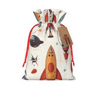 Cartoon Rockets Printed Christmas Drawstring Bags,M Reusable Xmas Gift Storage Bags, Red Christmas Ribbon