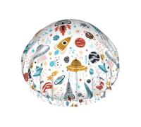 Cartoon Rockets Printed Shower Cap, Double Layer Hair Cover For Bathing, Reusable Headgear For Long Hair