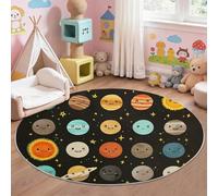 Cartoon Round Rug 90 cm, Washable Indoor Non-Slip Circle Carpet with Cute Stars Planets Pattern, Black Soft Foldable Non Shedding for Entryway Bedside Laundry Room Decor