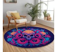 Cartoon Round Washable Rugs 60cm, Fantasy Marine Animals Octopus Rug for Bedroom, Washable Non-Slip Soft Living Room Circle Rug, Purple Carpet for Laundry Kids Room Hallway