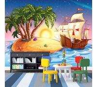 Cartoon Sailboat Plant Coconut Sea Modern 3D Wallpaper Premium Textured Silk Neutral Tones Material Ideal for Living Room Bedroom-200cm×140cm