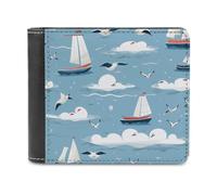 Cartoon Sailing Boat Cute Seagull PU Leather Wallets Stylish Bifold Wallet Slim Front Pocket Credit Card Holder for Women Men