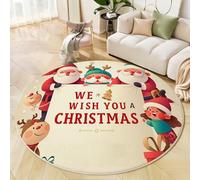Cartoon Santa Claus Round Rugs, 120 Cm Beige Non-Slip Rug, Elves And Reindeer Washable Rug, Soft Comfortable Carpet Suitable For Living Room, Bedroom And Children'S Room