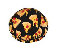 Cartoon Sausage Pizza Print Shower Caps for Women, Reusable Double Layers Elastic Band Long Hair Bath Caps for Shower