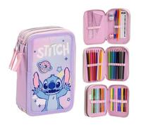 CARTOON School Pencil Case 3 Zip Triple Multi-Compartment Complete 44 Pieces Colours Giotto Children's Stationery, Stitch, Pencil Cases