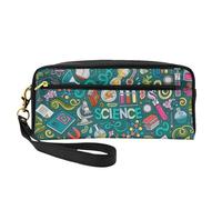 Cartoon Science Theme Double-Sided Printed Leather Portable Makeup Pouch-Multi-Purpose Cosmetic Bag, Pencil Case and Organizer for Women