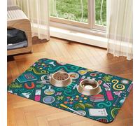 Cartoon Science Theme Patterned Pet Feeding Mat with Water-Absorbing PU Top & Rubber Base - Anti-Slip Dog Cat Food Mat for Cats, Dogs & Pets, 30x45cm