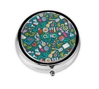 Cartoon Science Theme Print Pill Box Purse Small Round Pill Case Decorative Box Metal Medicine Vitamin Pill Organizer for Pocket Or Purse