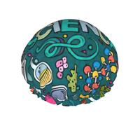 Cartoon Science Theme Print Shower Caps,Double Layers water-resistanted Hair Cap with Elastic and Reusable