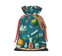 Cartoon Science Theme Printed Christmas Drawstring Gift Bags-Xmas Wrapping Bags,Candy Bag,For Holiday Party Decorations,Wedding Party Supplies S Red Ribbon