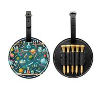 Cartoon Science Theme Printed Golf Tees Organizer Bag, PU Leather Golf Tee Pouch, Portable Tee Holder with Belt Clip, 5 Tee Slots, Golf Bag Accessory and Golf Gift Black
