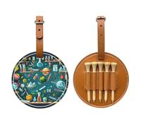 Cartoon Science Theme Printed Golf Tees Organizer Bag, PU Leather Golf Tee Pouch, Portable Tee Holder with Belt Clip, 5 Tee Slots, Golf Bag Accessory and Golf Gift Brown