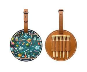 Cartoon Science Theme Printed Golf Tees Organizer Bag, PU Leather Golf Tee Pouch, Portable Tee Holder with Belt Clip, 5 Tee Slots, Golf Bag Accessory and Golf Gift Brown