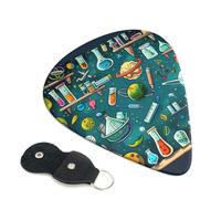 Cartoon Science Theme Printed Guitar Picks, 6 Pack with Leather Keychain Pick Holder - 0.46mm, 0.71mm, 0.96mm Assorted Thickness for Acoustic Ukulele, Electric Guitar, Acoustic Guitar, Bass