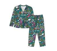 Cartoon Science Theme Printing Pajama Sets For Women,Soft Long Sleeve Top With Pants Pjs,Loungewear Sleepwear S To Xxl Black