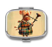 Cartoon Scottish Bagpipe Pill Box 2 Compartment Portable Travel Pill Case with Mirror Square Metal Medicines Storage Container Pocket Medicine Box to Hold Vitamins Fish Oil