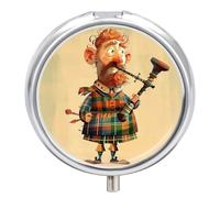 Cartoon Scottish Bagpipe Pill Box 3 Compartment Waterproof Pill Container with Mirror Metal Medicine Box Organizer Portable Vitamin Case for Pocket & Purse Travel - Round