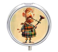 Cartoon Scottish Bagpipe Travel Pill Box Case 3 Compartment Cute Pill Organizer Metal Pill Holder with Mirror Small Medicine Organizer Daily Pill Container for Purse Pocket Portable Meds Box