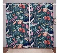 Cartoon Sea Creatures Window Drapes Ocean Marine Window Curtains for Bedroom Living Room Boys Girls Sea Under Water World Curtains Hawaiian Sealife,W52*L90