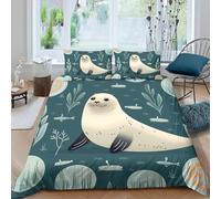 Cartoon Sea Lion Super King Size Duvet Cover Sets Cute Animals Bedding Set 3D Print Soft Microfiber Quilt Covers 260x220 cm with Zipper Closure and 2 Pillowcases 50x75 cm for Adults L.4912