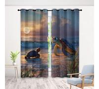 Cartoon Sea Turtle Curtains 66 Inch 2 Panels, Beach Sunset 3D Pattern Drapes with Eyelet Thermal Insulated Curtain, Marine Animal Blackout Curtains for Bedroom Living Room, 52" x 66"