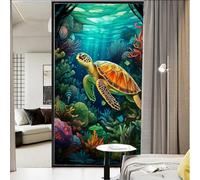 Cartoon Sea Turtle Privacy Window Film Rustic Ocean Animal Nature Stained Glass Window Coverings No Glue Static Cling Window Film for Home Office Stores 45 x 60 cm
