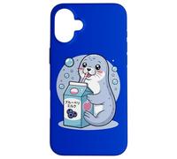 Cartoon Seal Drinking Blueberry Milk Japanese Cute Kawaii Case for iPhone 16 Plus