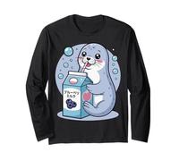 Cartoon Seal Drinking Blueberry Milk Japanese Cute Kawaii Long Sleeve T-Shirt