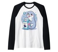 Cartoon Seal Drinking Blueberry Milk Japanese Cute Kawaii Raglan Baseball Tee