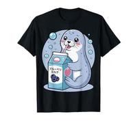 Cartoon Seal Drinking Blueberry Milk Japanese Cute Kawaii T-Shirt